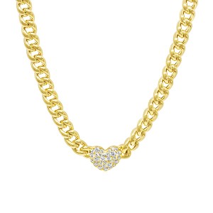 18K Pave Diamond Heart on Curb Link Necklace